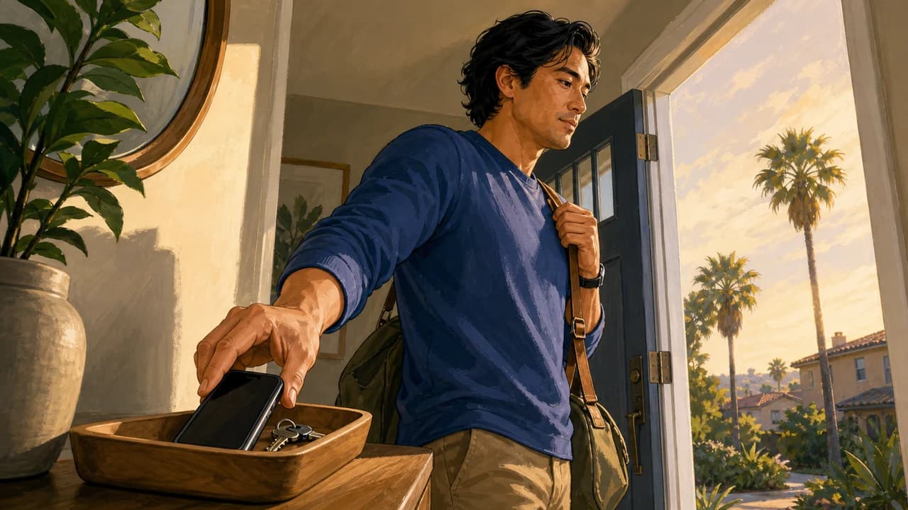 An adult places a phone face-down in an entryway tray before leaving with a day bag in sunny San Diego