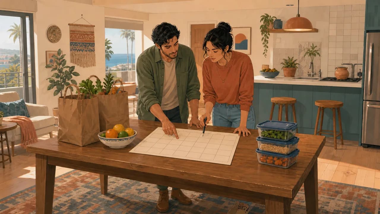 Two housemates plan simple meals with groceries and containers in a sunny San Diego kitchen