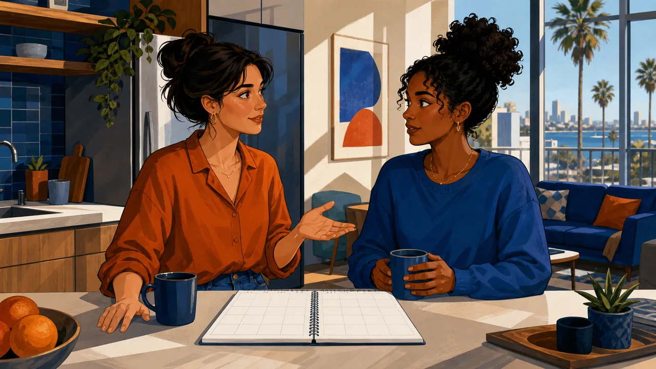 Two roommates discuss a neutral weekly calendar at a bright San Diego apartment kitchen counter