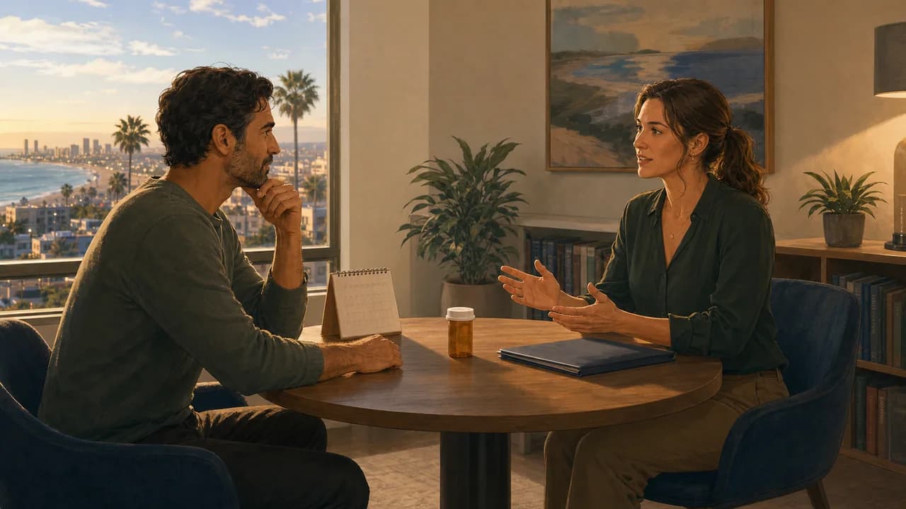 An adult asks a San Diego treatment professional how medication and outpatient care can be coordinated