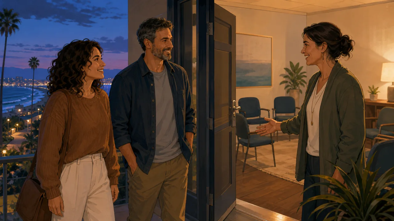 Two adults arrive for an evening outpatient group while a facilitator welcomes them in San Diego