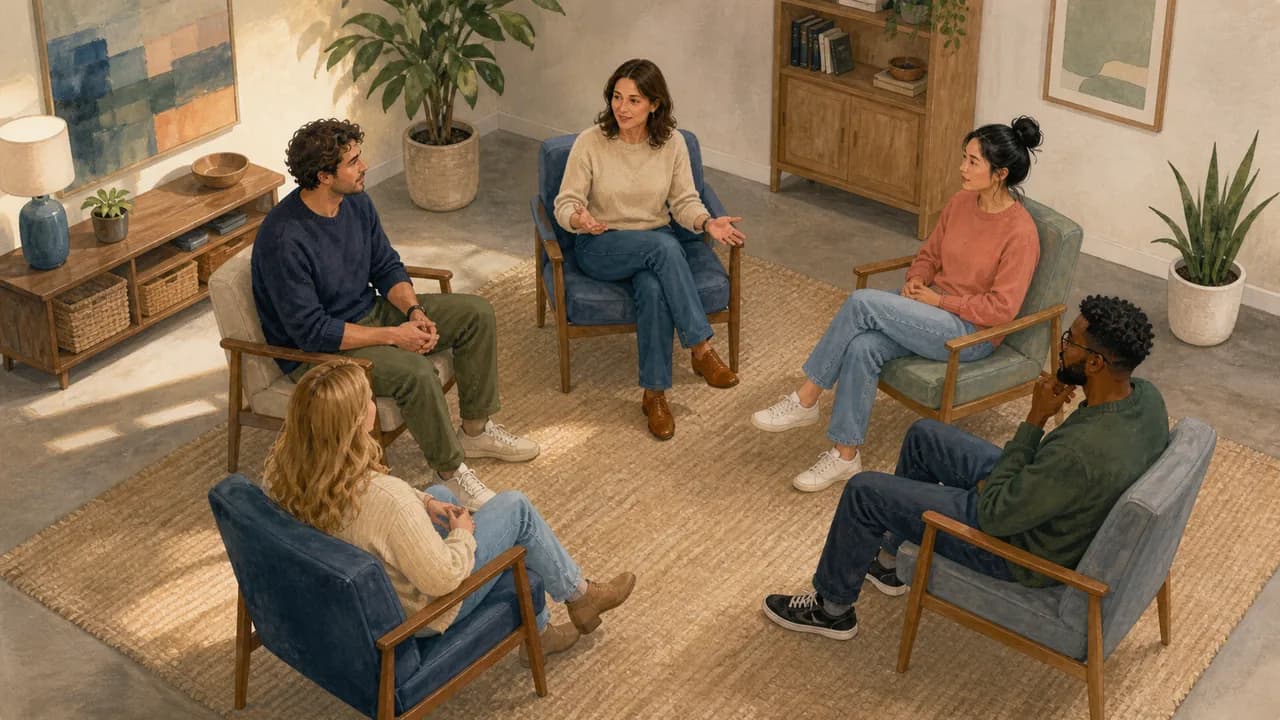 A trained facilitator leads a focused small-group conversation in an outpatient setting