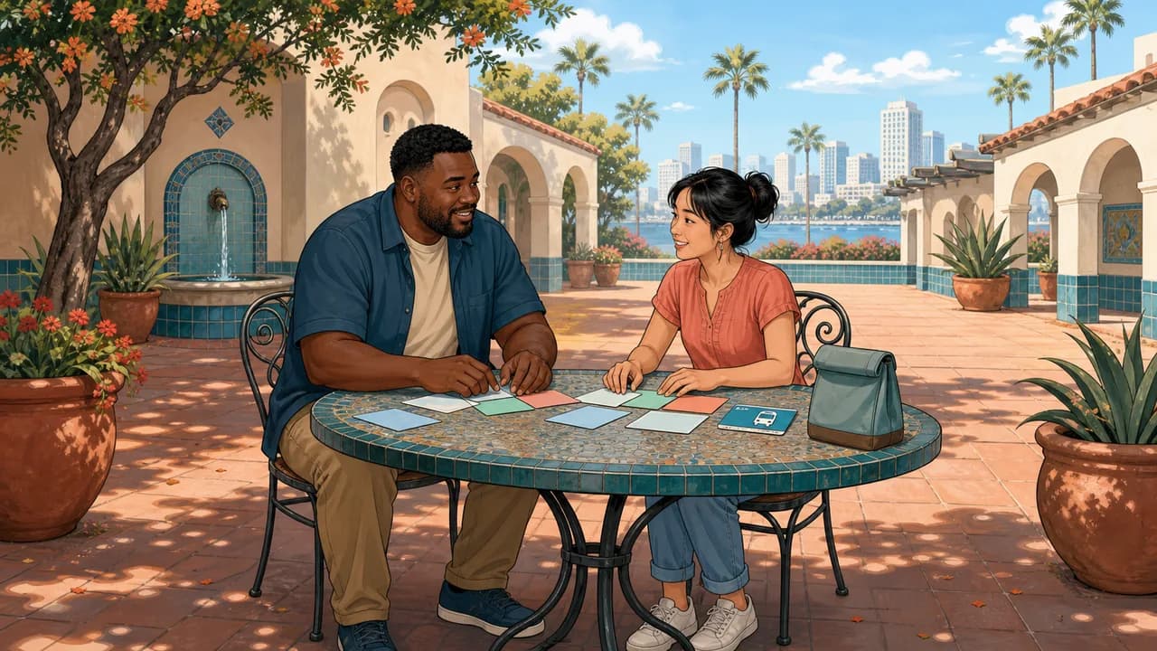 Two adults arrange blank budget cards beside a transit pass in a shaded San Diego courtyard