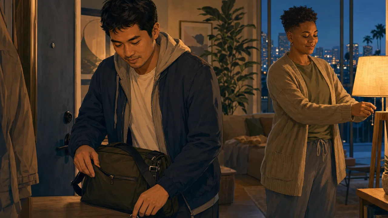 A young adult prepares a morning bag while a roommate dims a lamp in a San Diego apartment