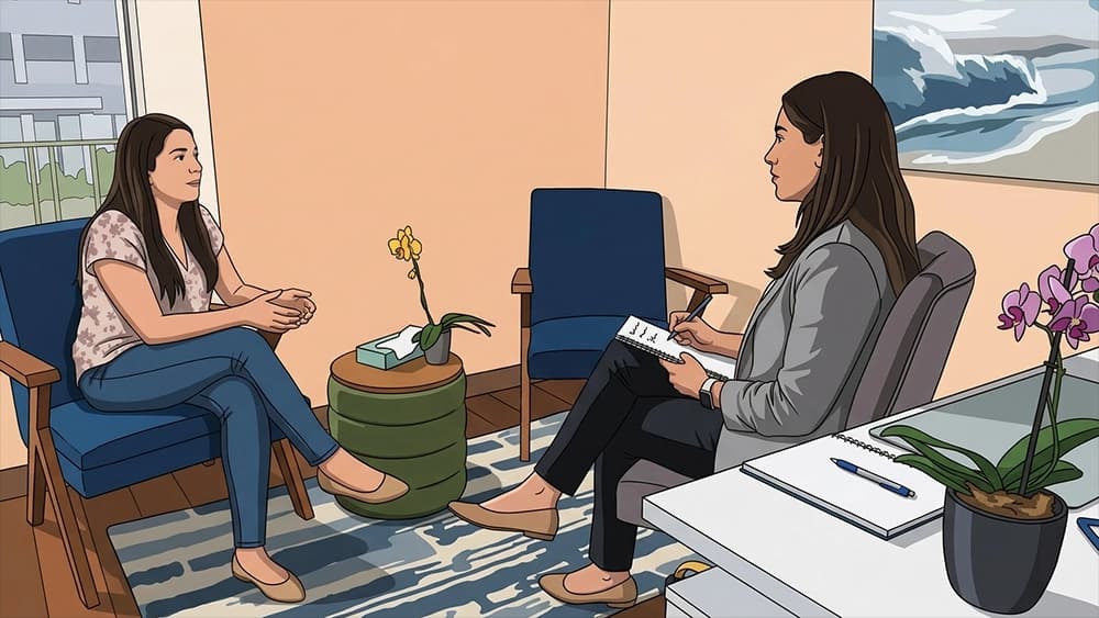 Illustration of two adults talking in an office; not actual Amity staff, patients, or facilities
