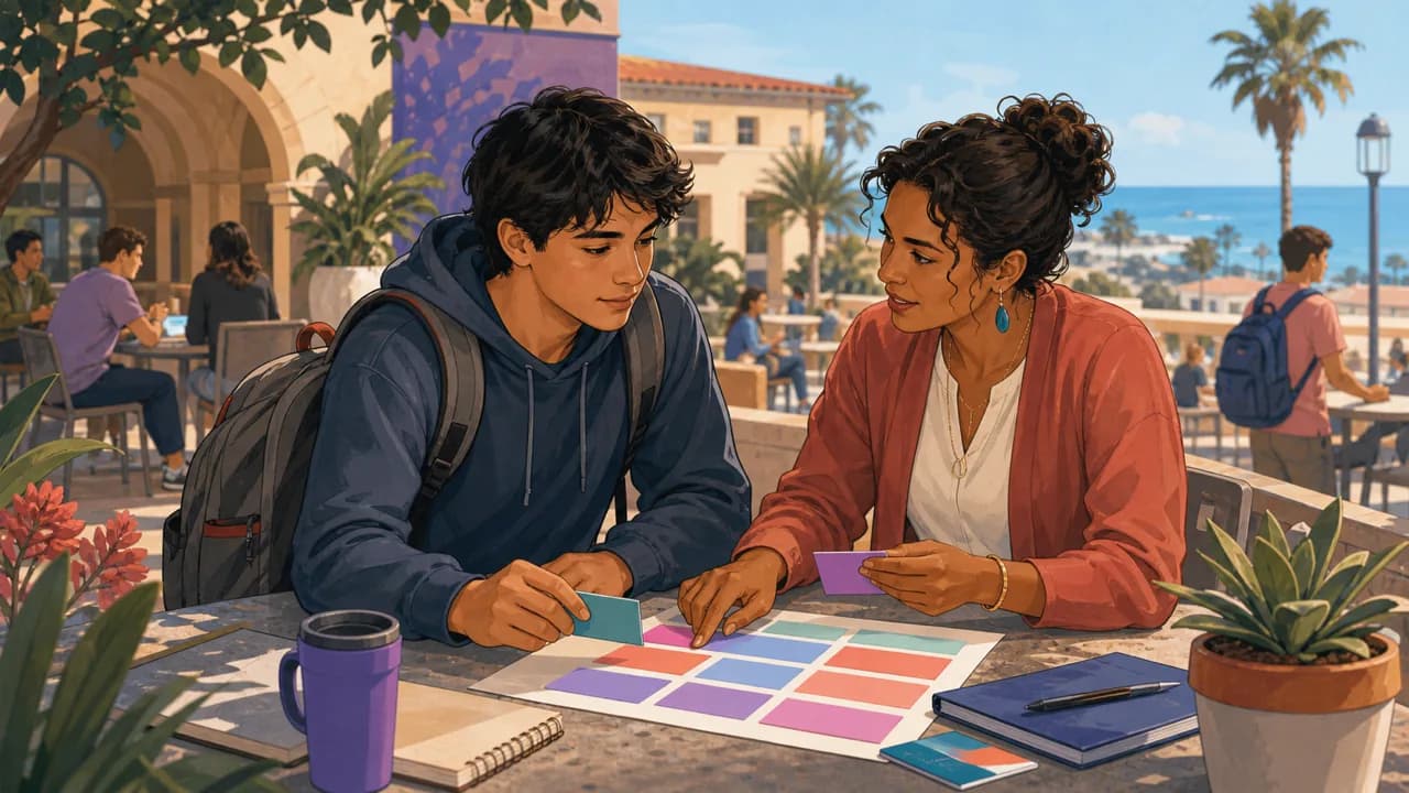 A college student and counselor arranging class and treatment blocks on a weekly planner