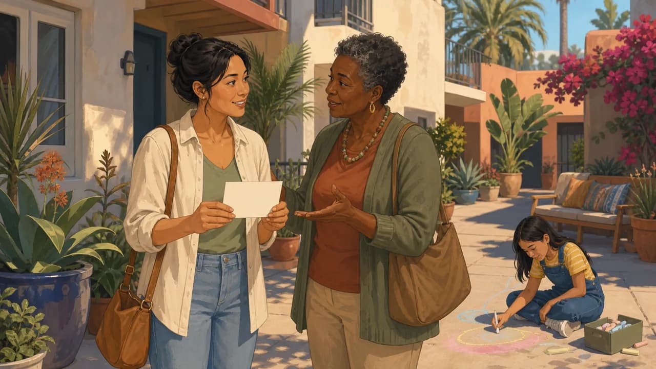 A mother and older caregiver coordinate childcare while a child draws in a San Diego courtyard