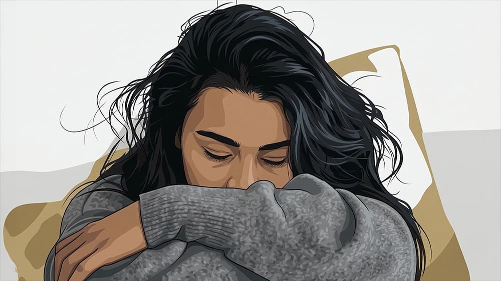 Illustration of a person resting their head on folded arms.