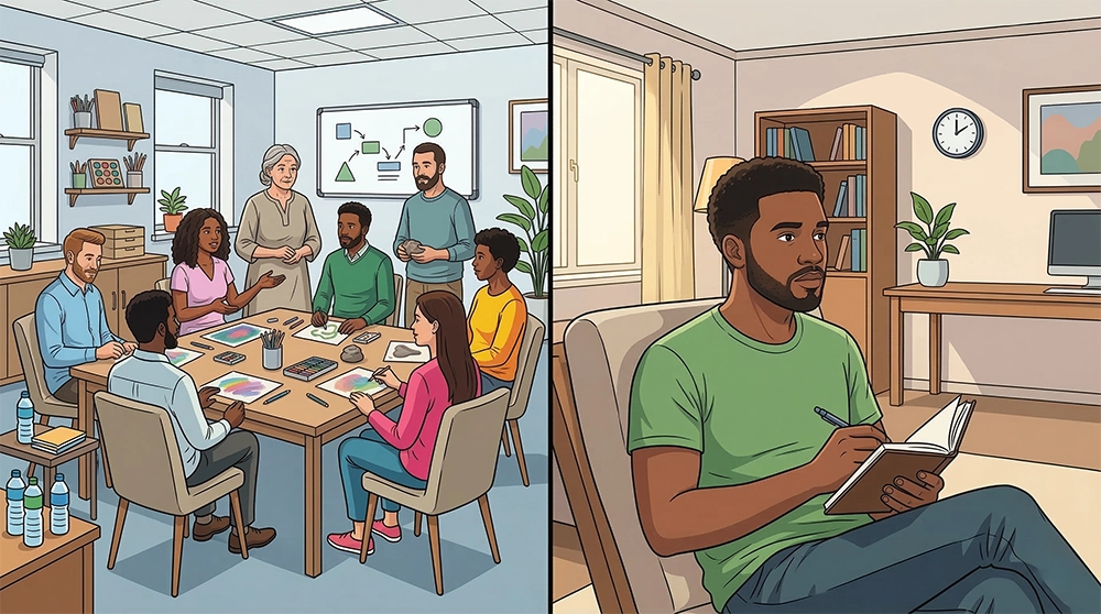 A person comparing IOP and outpatient therapy options for substance use treatment