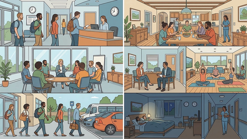 A residential treatment hallway with therapeutic spaces and a calm recovery environment