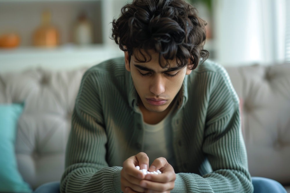 prescription-drug-addiction-treatment Upset young man sorting through white pills while sitting on a couch, prescription drug addiction treatment