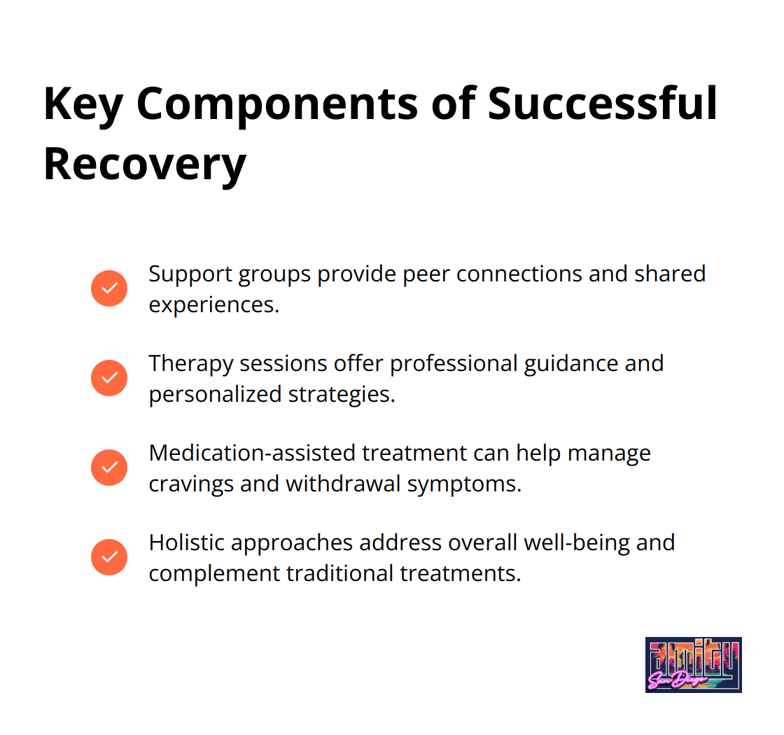 Checkmark list chart showing four key components of successful recovery: support groups, therapy sessions, medication-assisted treatment, and holistic approaches. - addiction resources