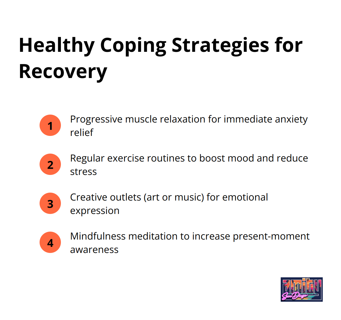 An ordered list of four healthy coping strategies for addiction recovery, including progressive muscle relaxation, regular exercise, creative outlets, and mindfulness meditation.