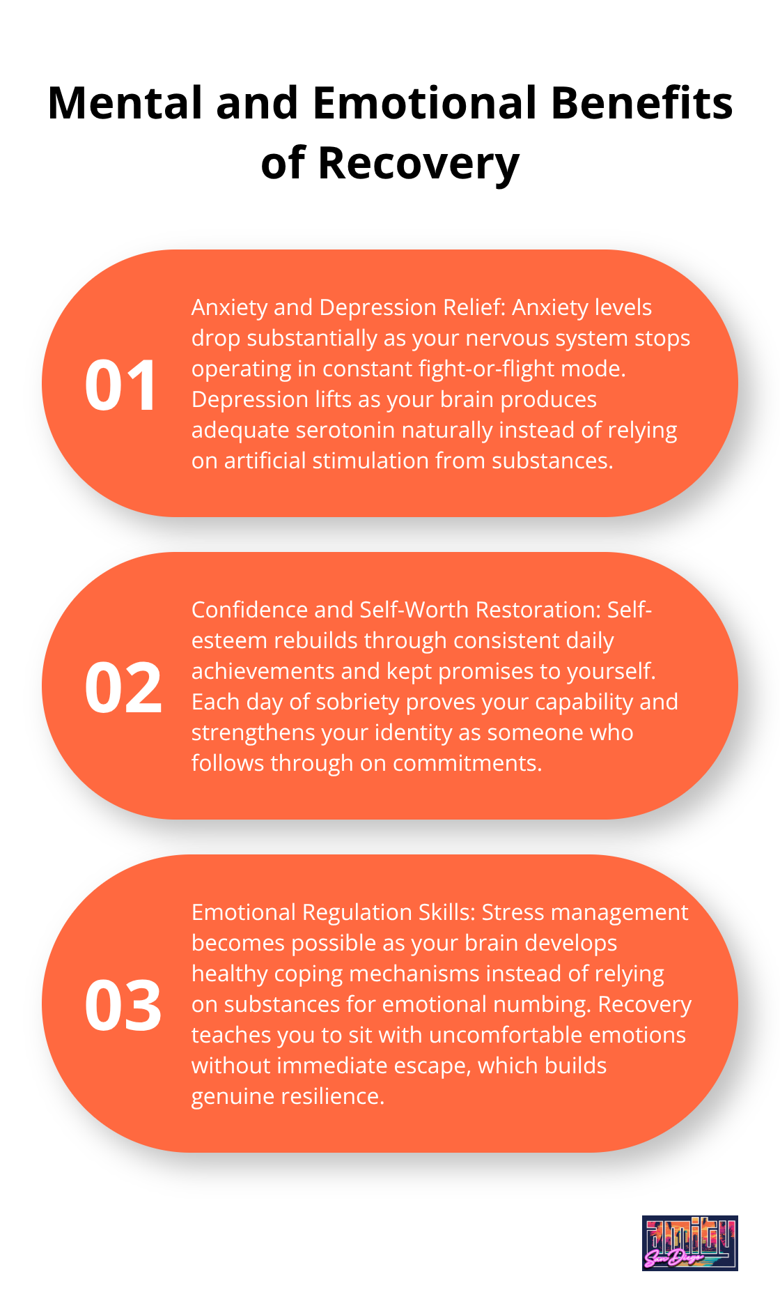 Ordered list chart showing three key mental and emotional benefits of addiction recovery: anxiety and depression relief, confidence and self-worth restoration, and emotional regulation skills. - benefits of recovery from addiction