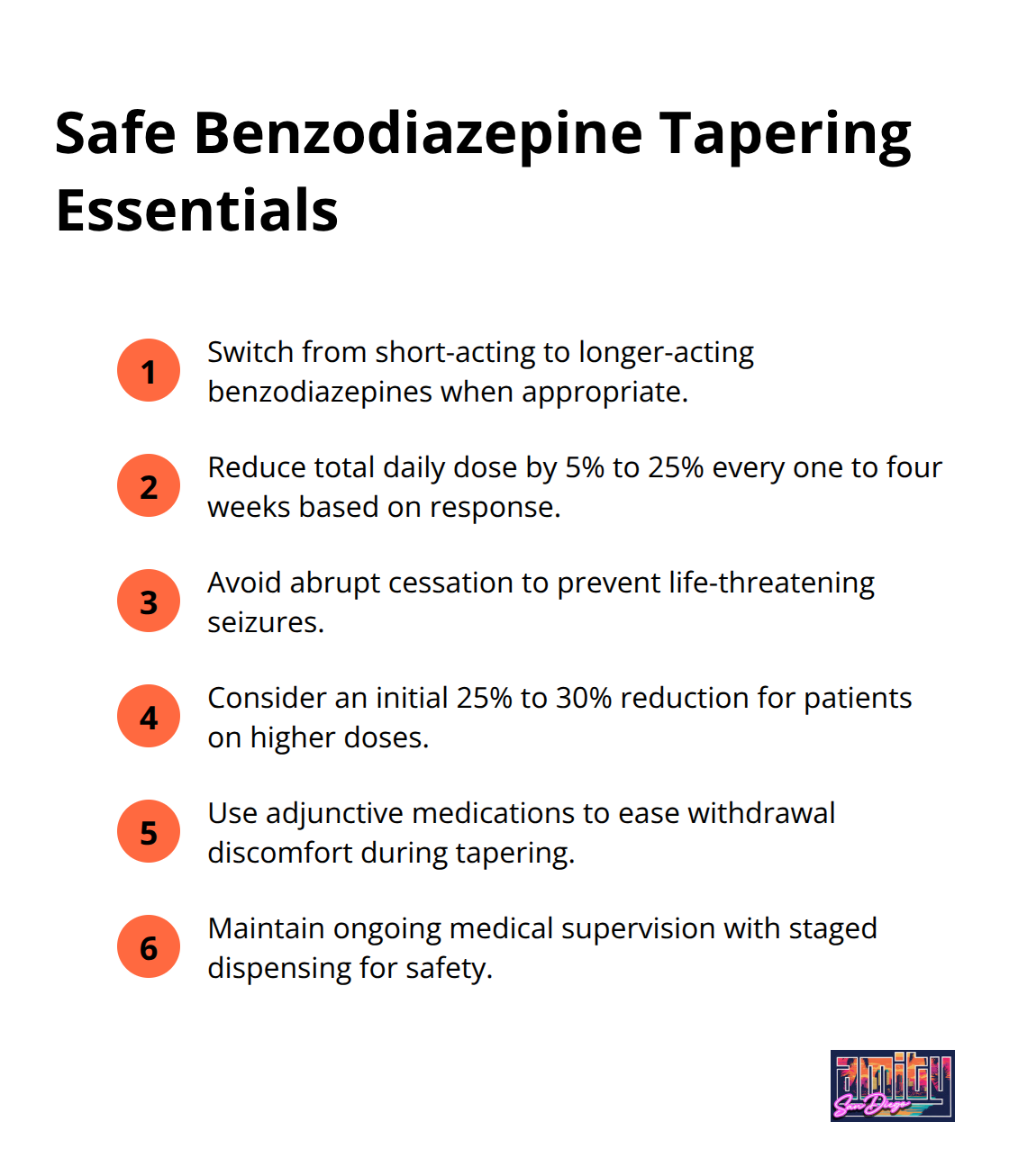Compact list of key steps for safe benzodiazepine tapering - benzodiazepines addiction treatment