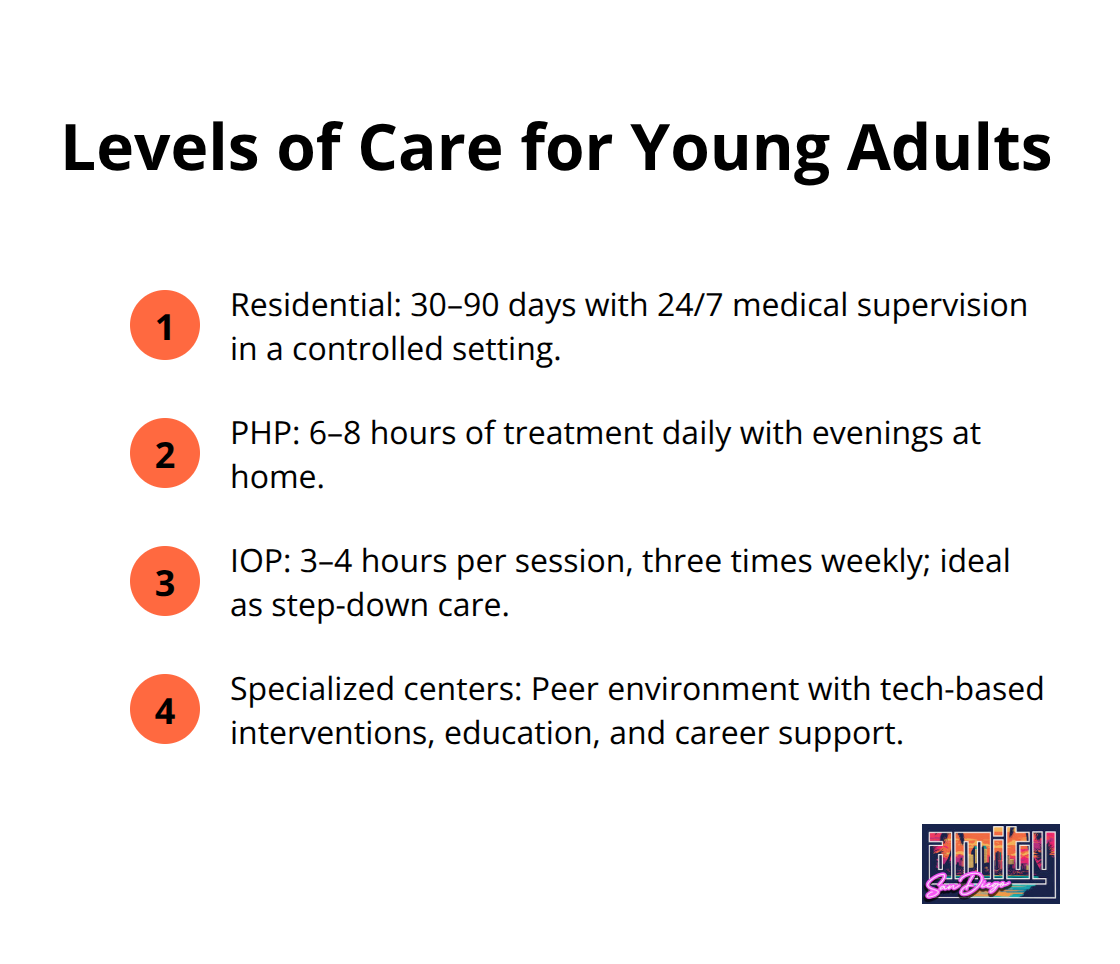 Compact list comparing residential, PHP, IOP, and specialized centers for young adults in the U.S.