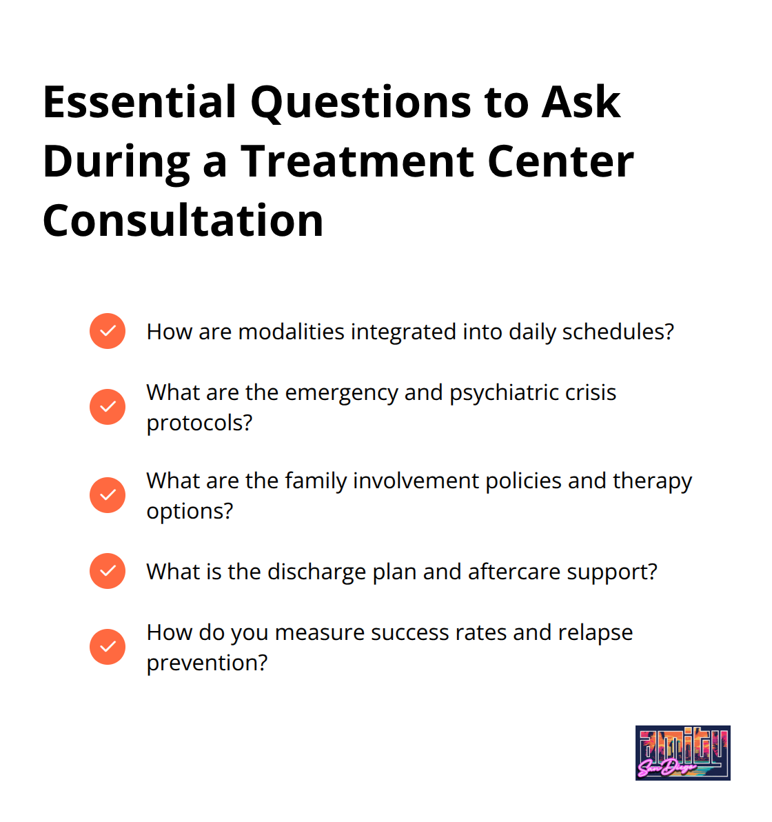 Checklist of questions to ask addiction treatment centers during a consultation. - holistic alcohol addiction treatment