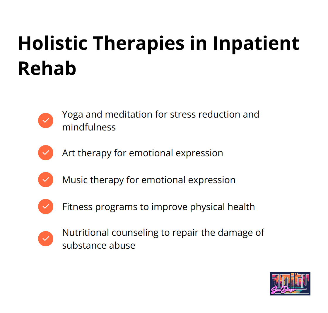 A checkmark list showing various holistic therapies offered in inpatient rehab, including yoga, meditation, art therapy, music therapy, fitness programs, and nutritional counseling.