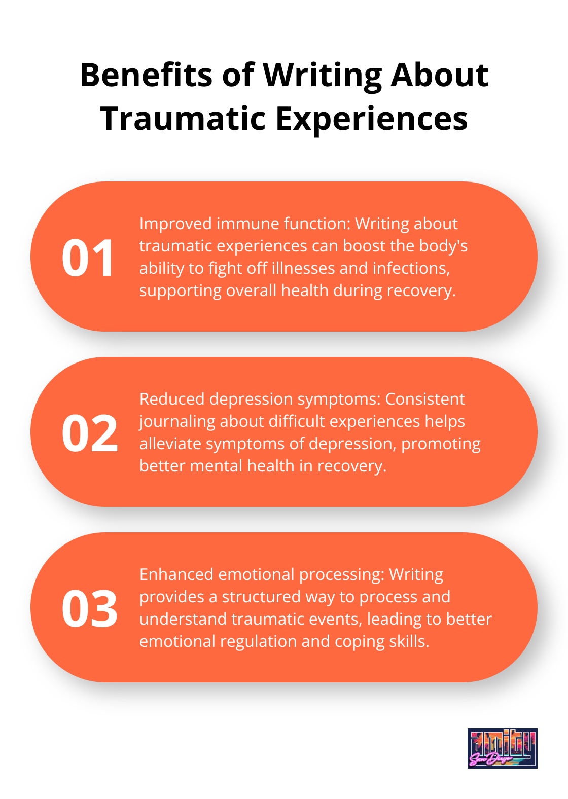 Ordered list chart showing three benefits of writing about traumatic experiences for four consecutive days - inspirational quotes about addiction and recovery