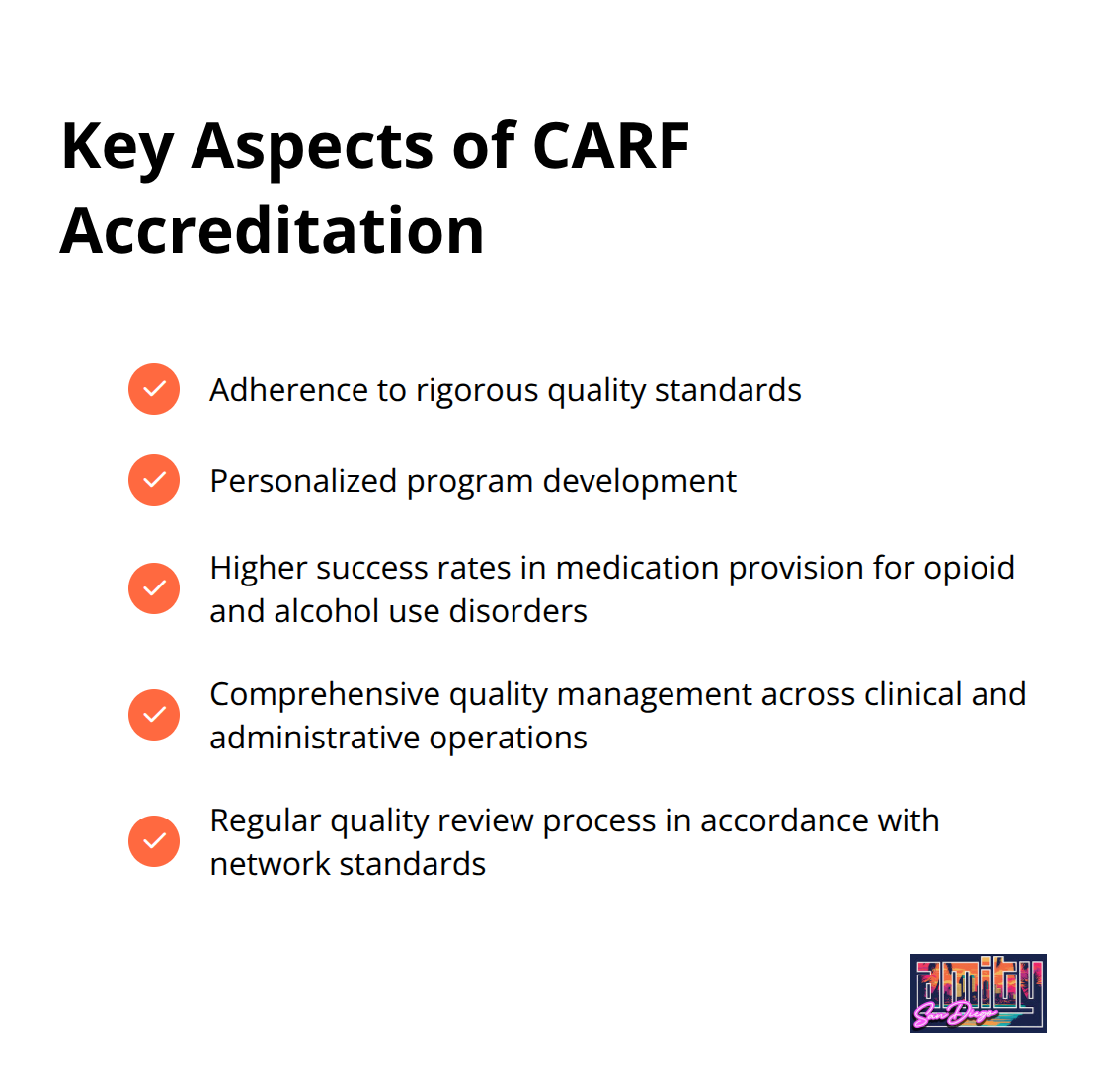 Chart listing five important aspects of CARF accreditation for addiction treatment facilities