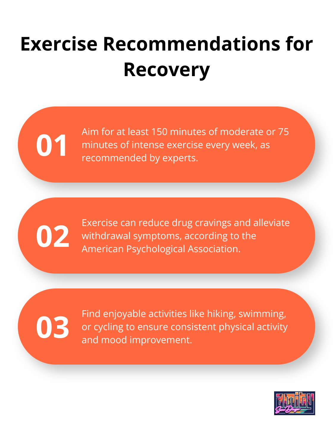 Ordered list chart showing three key points about exercise in addiction recovery
