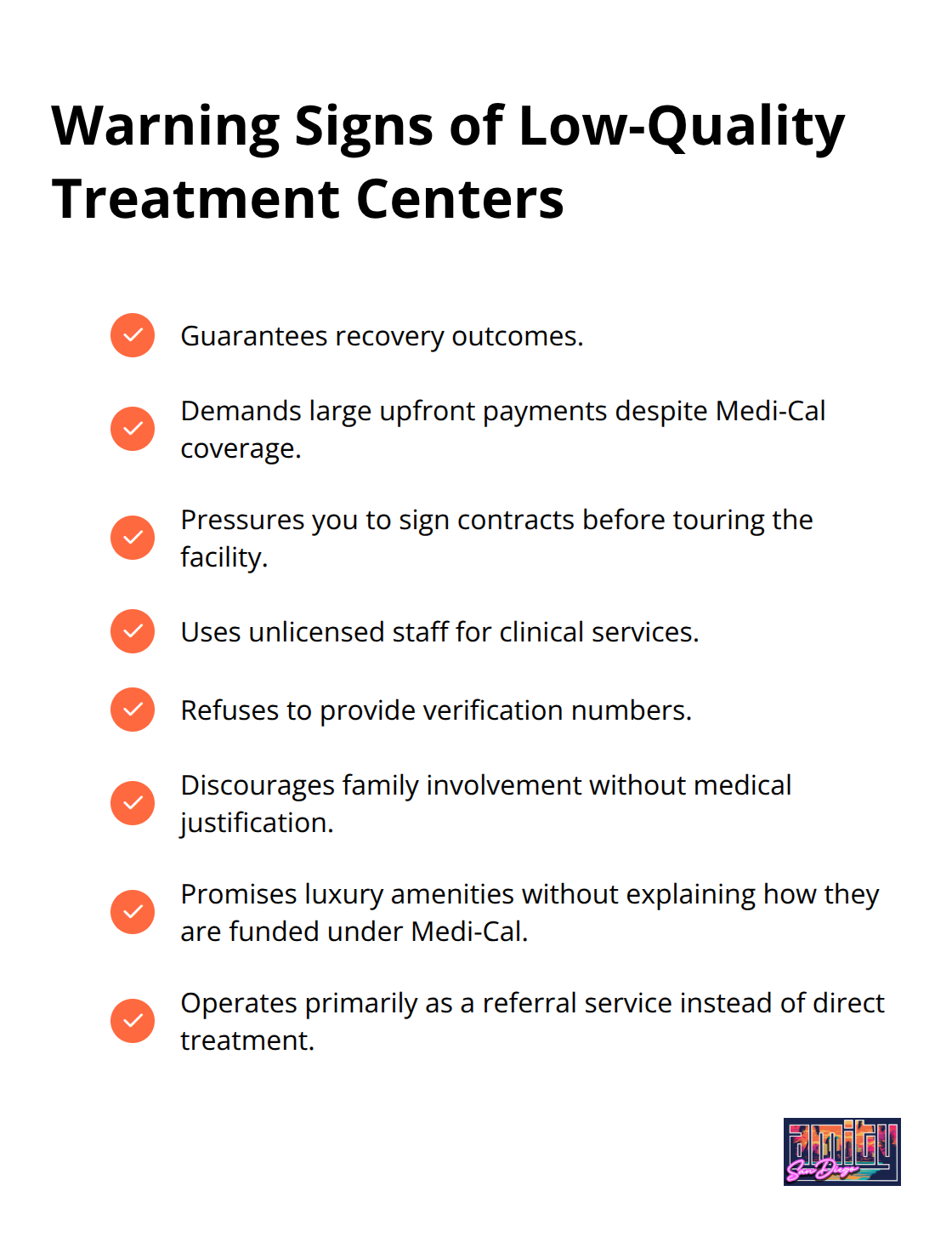 Checklist of red flags to avoid when selecting Medi-Cal-approved treatment providers.