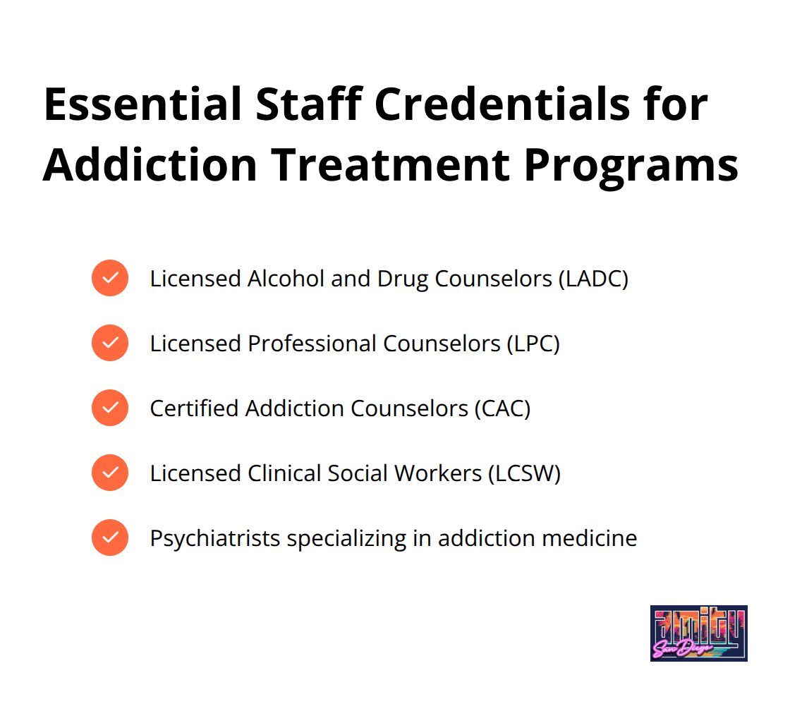 Checkmark list of important staff credentials for effective addiction treatment programs