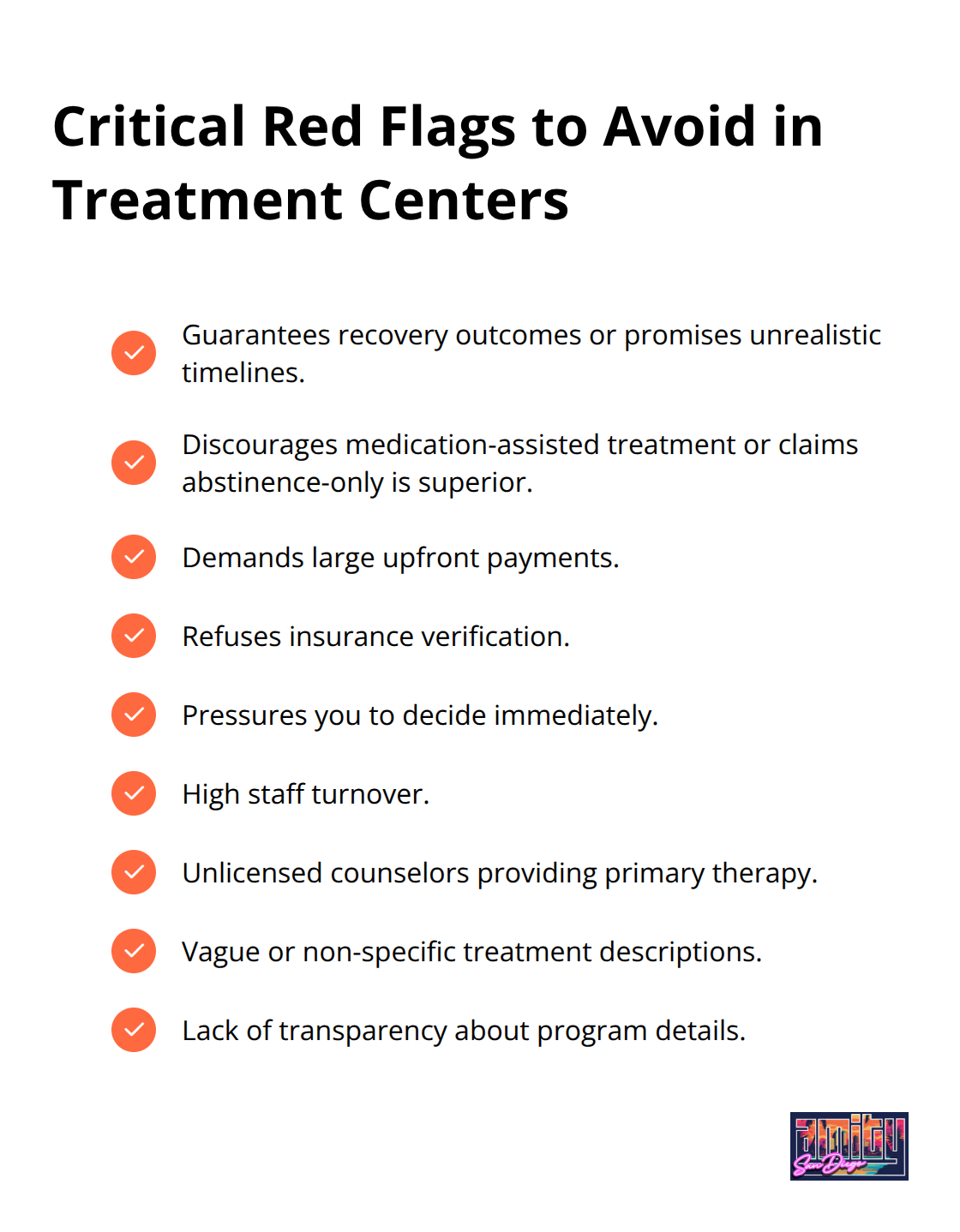 Checkmark list of warning signs that indicate poor-quality addiction treatment centers. - opioid addiction treatment programs
