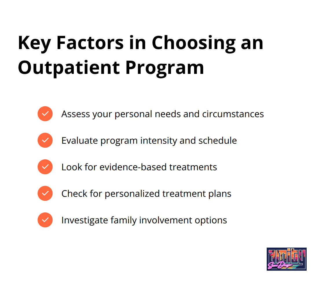 Checkmark list of key factors to consider when choosing an outpatient substance abuse treatment program