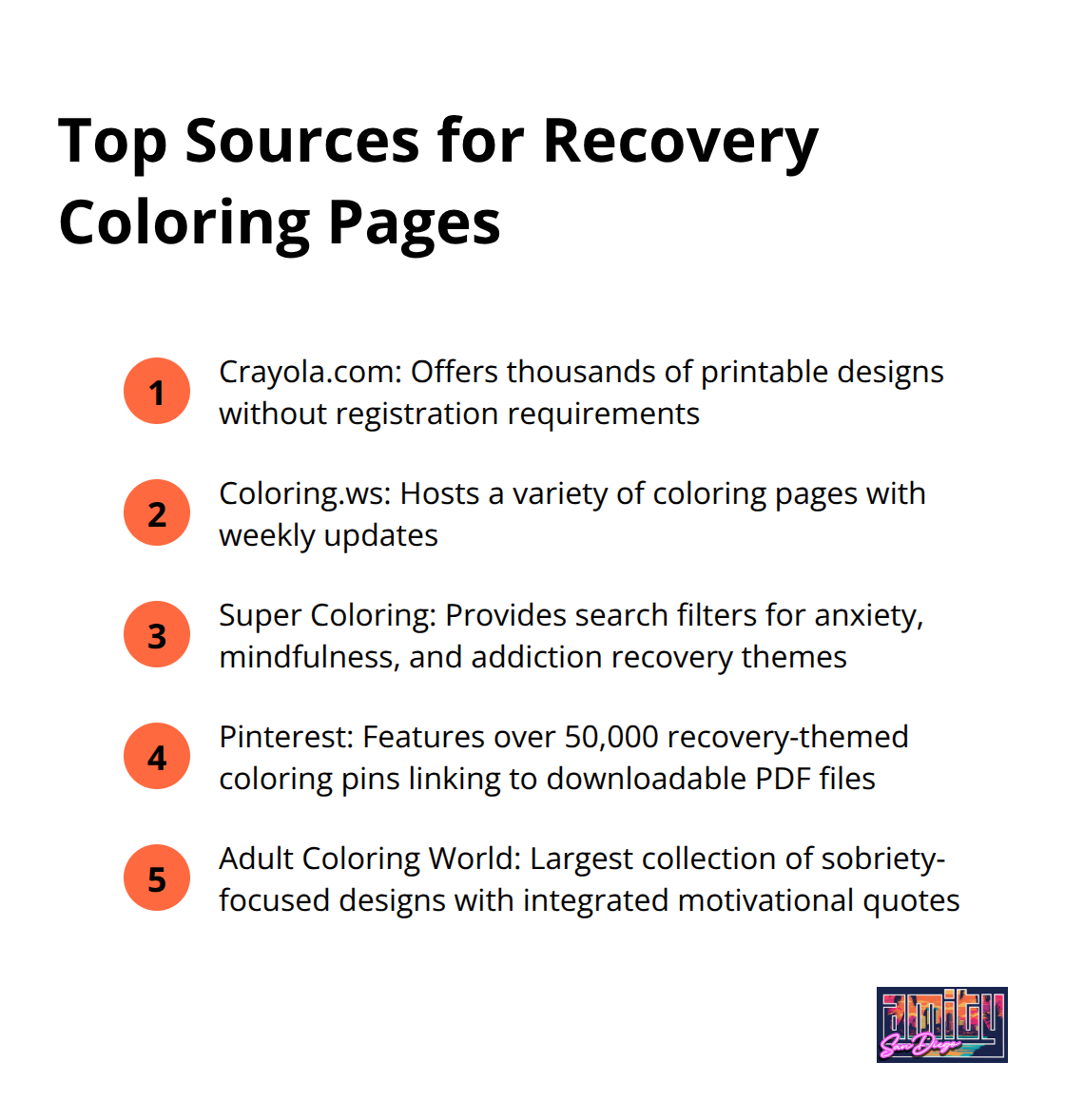 List of the best sources for recovery-themed coloring pages, including Crayola.com, Coloring.ws, Super Coloring, Pinterest, and Adult Coloring World
