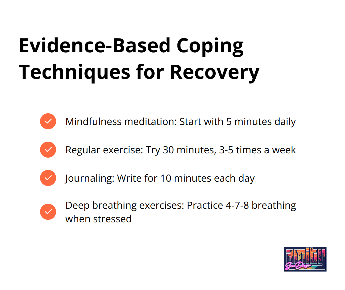 Checklist of four evidence-based coping techniques: Mindfulness meditation, Regular exercise, Journaling, and Deep breathing exercises