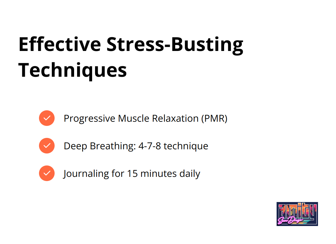 A checklist of stress-busting techniques including Progressive Muscle Relaxation, Deep Breathing, and Journaling