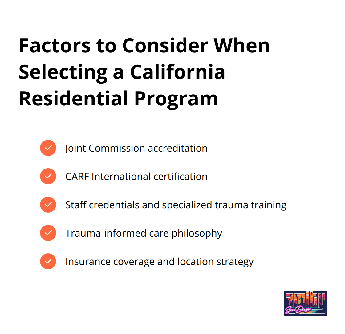 Checklist of five important factors to consider when choosing a residential trauma treatment program in California