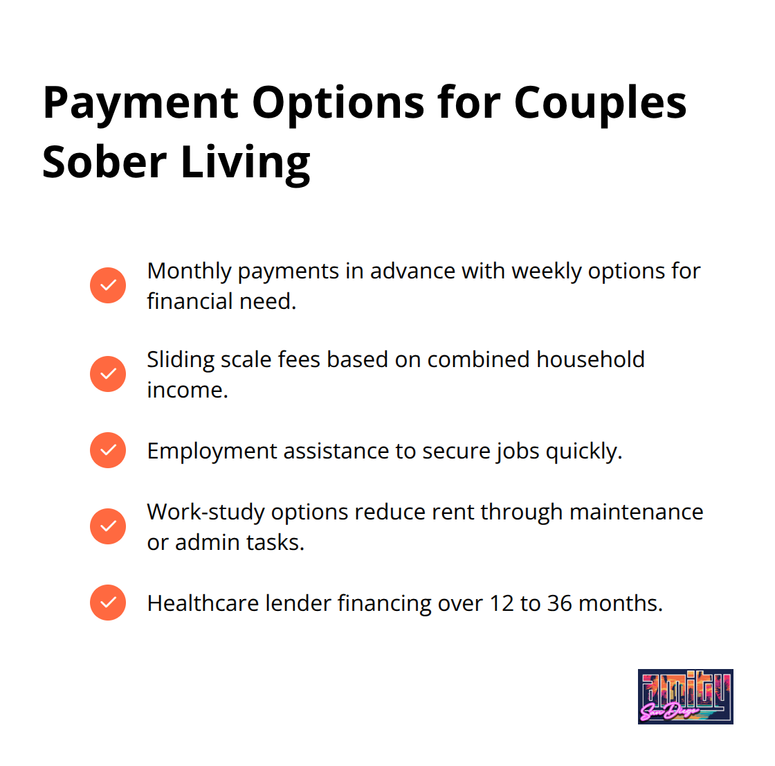 Checkmark list of payment and financing strategies for couples in sober living