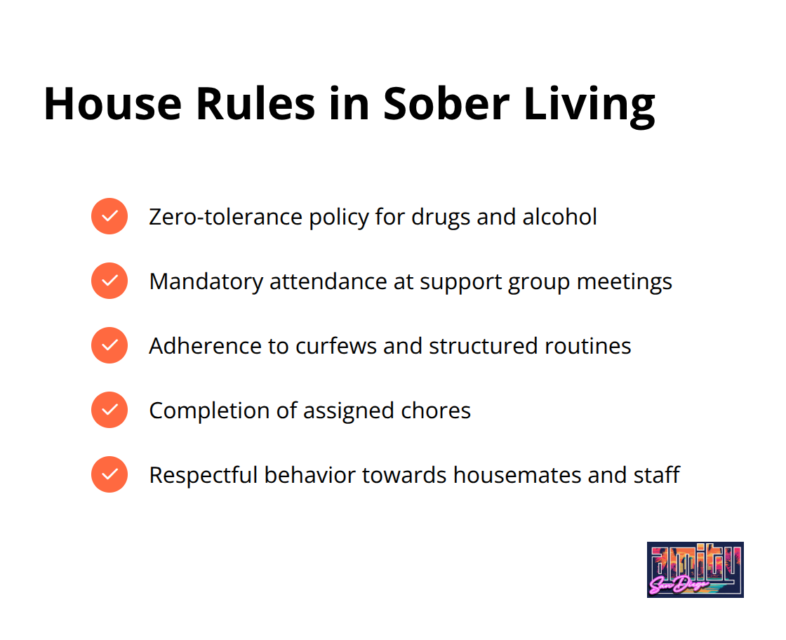 Checkmark list of common house rules in sober living environments, including zero-tolerance policy, mandatory meeting attendance, curfews, chore completion, and respectful behavior. - what is a sober living house