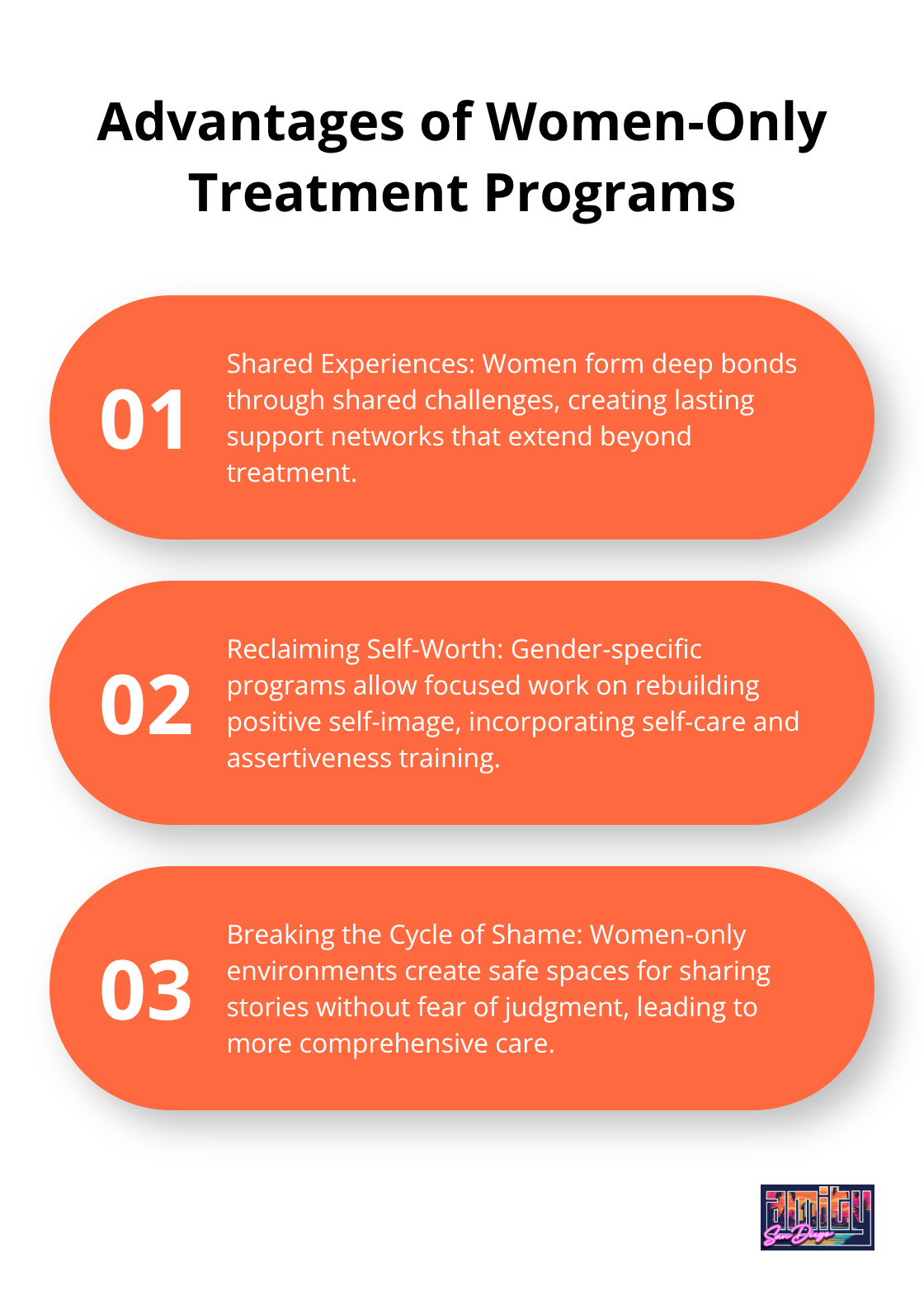 Ordered list chart showing three key advantages of women-only addiction treatment programs: shared experiences, reclaiming self-worth, and breaking the cycle of shame