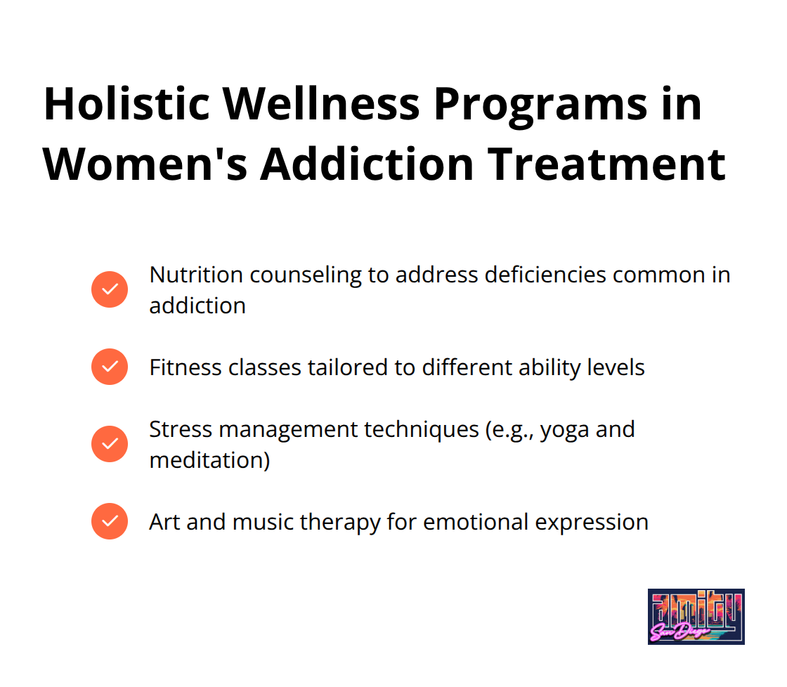 Checkmark list of holistic wellness programs offered in women's addiction treatment, including nutrition counseling, fitness classes, stress management techniques, and art and music therapy. - women's substance abuse treatment programs